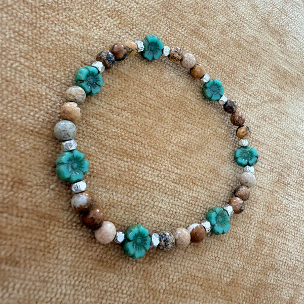 Turquoise Flower & Earth Stone Stretch Bracelet