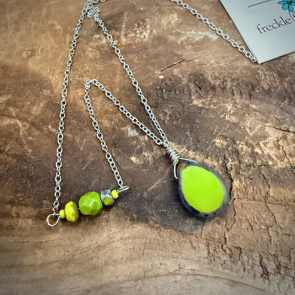 Chartreuse Glow Necklace – Handmade Ceramic Drop on Stainless Steel Chain