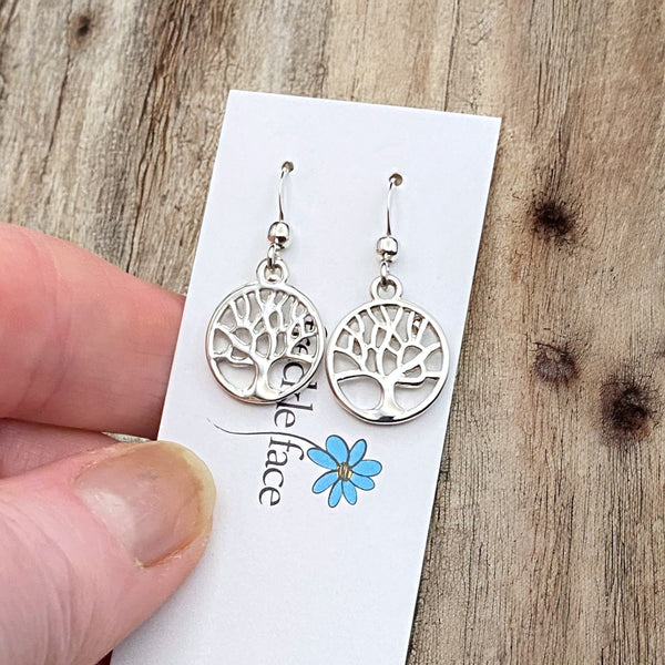 Rhodium tree minimalist hook earrings perfect for sensitive ears