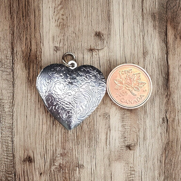 Heart Locket Charm – Floral Etched, Vintage Look, Photo Keepsake