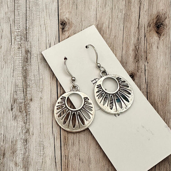 close up photo of the antique silver hoop dangle earrings