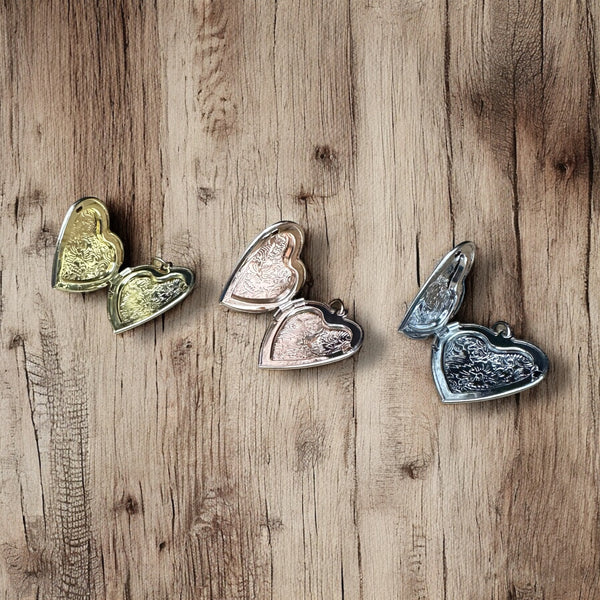 Heart Locket Charm – Floral Etched, Vintage Look, Photo Keepsake