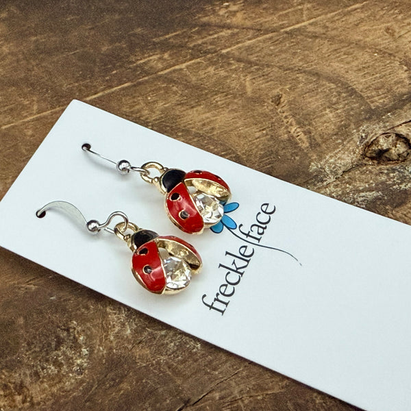 Lady Bug Bling Earrings - Lucky Sparkle Charm Drops