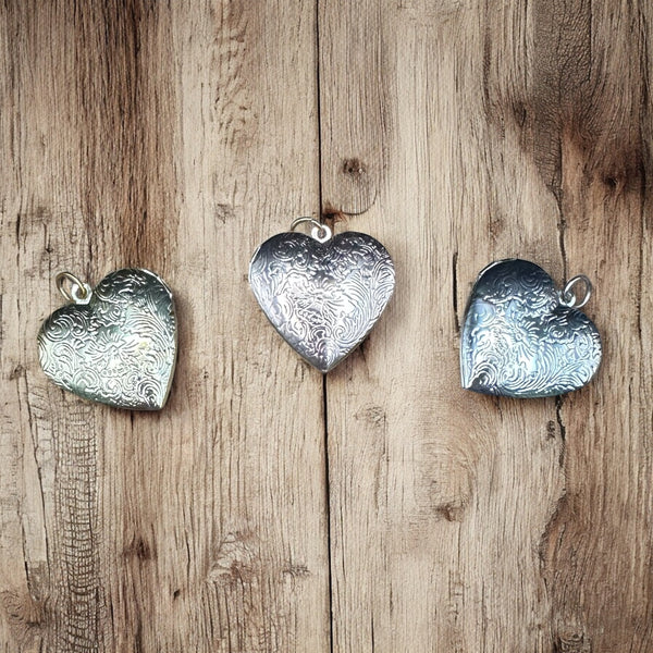 Heart Locket Charm – Floral Etched, Vintage Look, Photo Keepsake