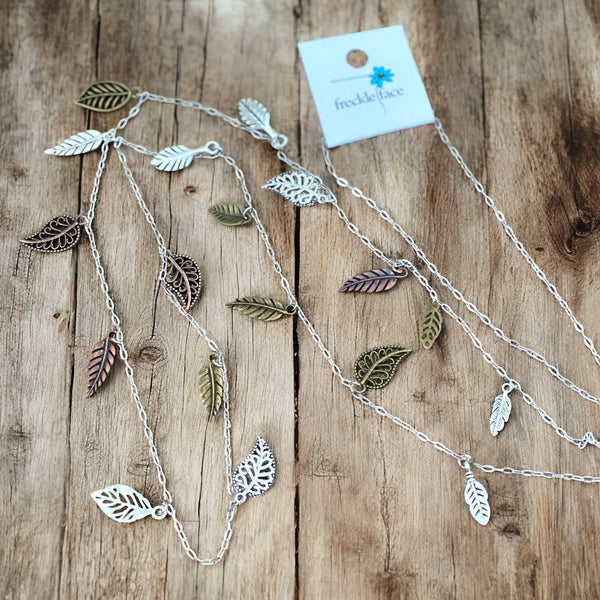 Waterfall Leaf Necklace with cascading silver leaves on stainless steel chain