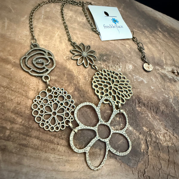 Antique Brass Flower Bib Necklace - Vintage Floral Statement Necklace (18–20”)