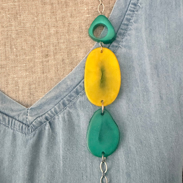 Turquoise & Lime Tagua Statement Necklace – Long 36”