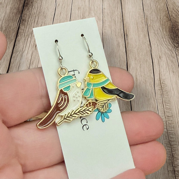 Winter Bird Earrings – Cozy Chickadees with Hat & Scarf