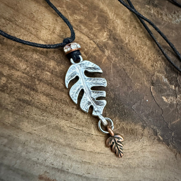 Adjustable Leaf Cord Necklace – Silver & Copper