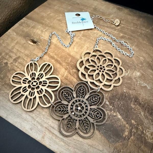 Wood Floral Statement Necklace – Layered Cutout Flower Bib Necklace (18” + 2” Extender)