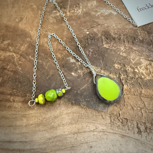 Chartreuse Glow Necklace – Handmade Ceramic Drop on Stainless Steel Chain