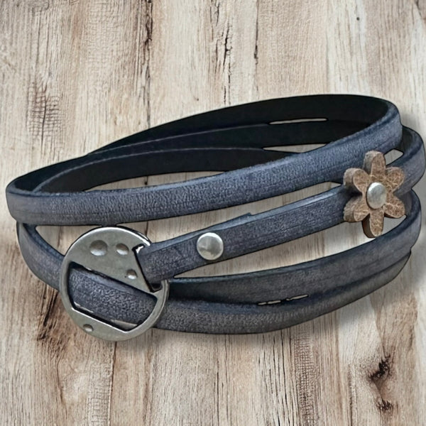 Leather Wrap Bracelets - Boho Style, Unisex Fit, Floral Detail, One Size Adjustable