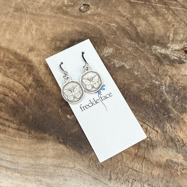Vintage Butterfly Earrings - Matte Antique Silver Plated