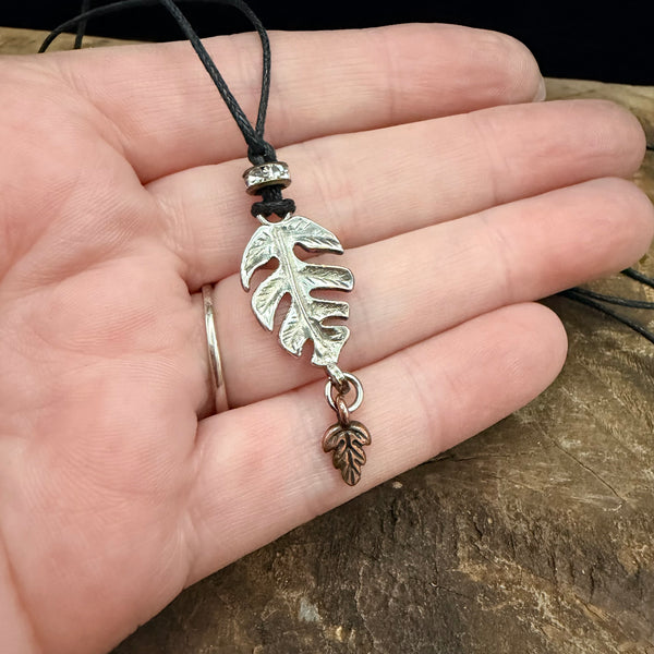 Adjustable Leaf Cord Necklace – Silver & Copper
