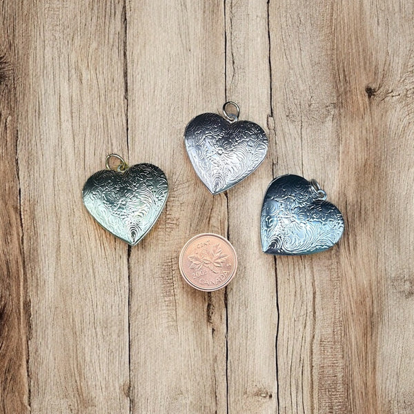 Heart Locket Charm – Floral Etched, Vintage Look, Photo Keepsake