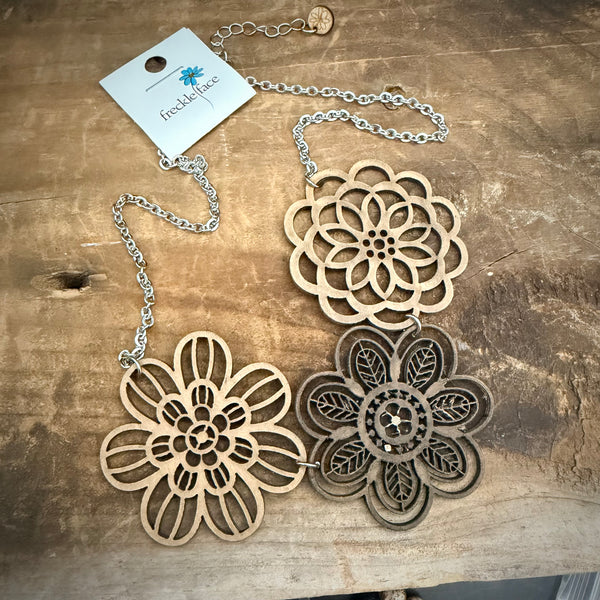 Wood Floral Statement Necklace – Layered Cutout Flower Bib Necklace (18” + 2” Extender)