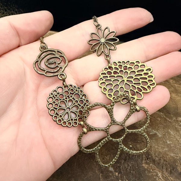 Antique Brass Flower Bib Necklace - Vintage Floral Statement Necklace (18–20”)