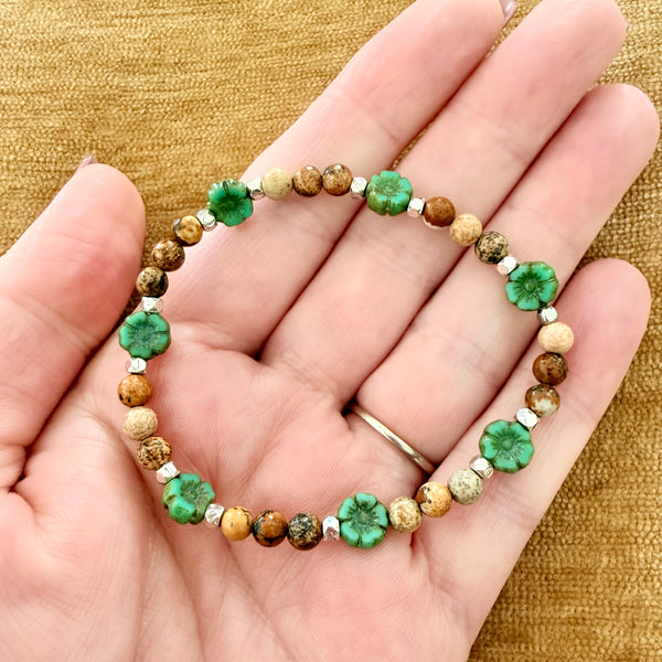Turquoise Flower & Earth Stone Stretch Bracelet