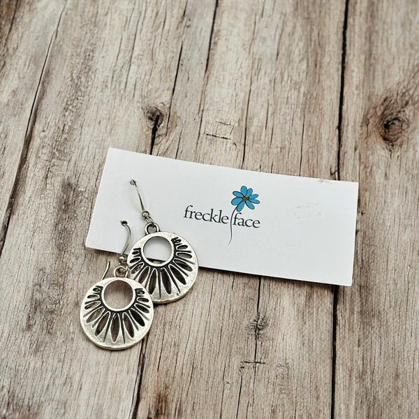 Canadian Made Rustic silver petal earrings displayed on Freckle Face Jewellery card