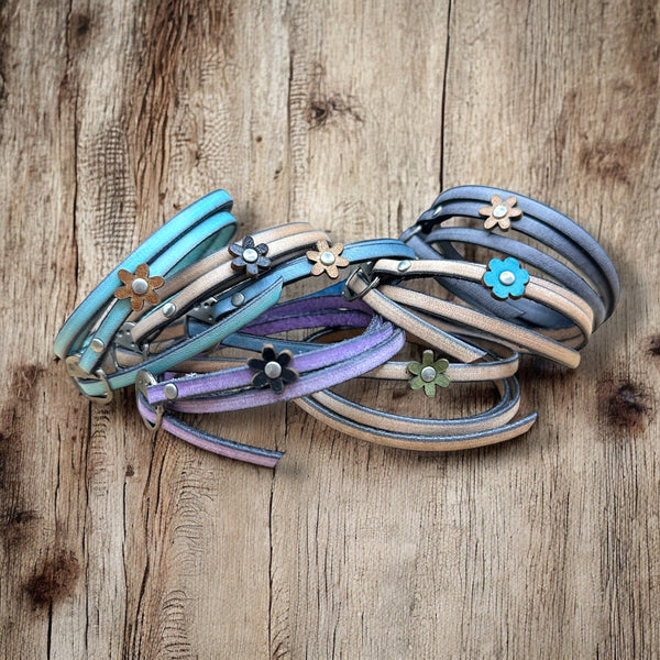 Leather Wrap Bracelets - Boho Style, Unisex Fit, Floral Detail, One Size Adjustable