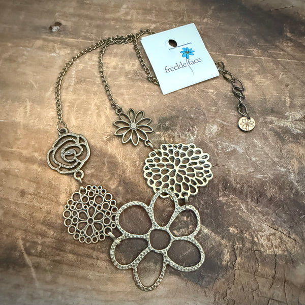 Antique Brass Flower Bib Necklace - Vintage Floral Statement Necklace (18–20”)