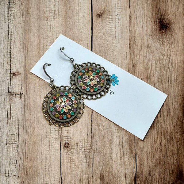 Boho Enamel Flower Earrings – Antique Bronze, Hypoallergenic & Lightweight