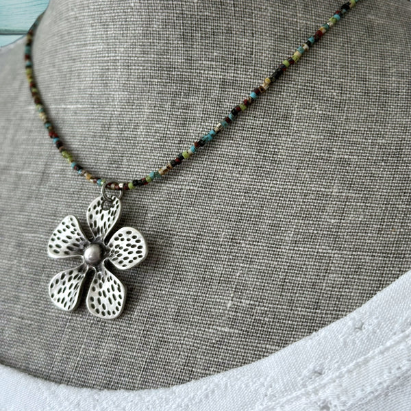 Minimalist Seed Bead Necklace with Silver Matte Flower Charm - Interchangeable