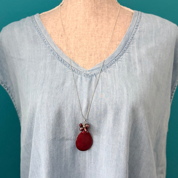 Burgundy Tagua Nut Pendant Necklace