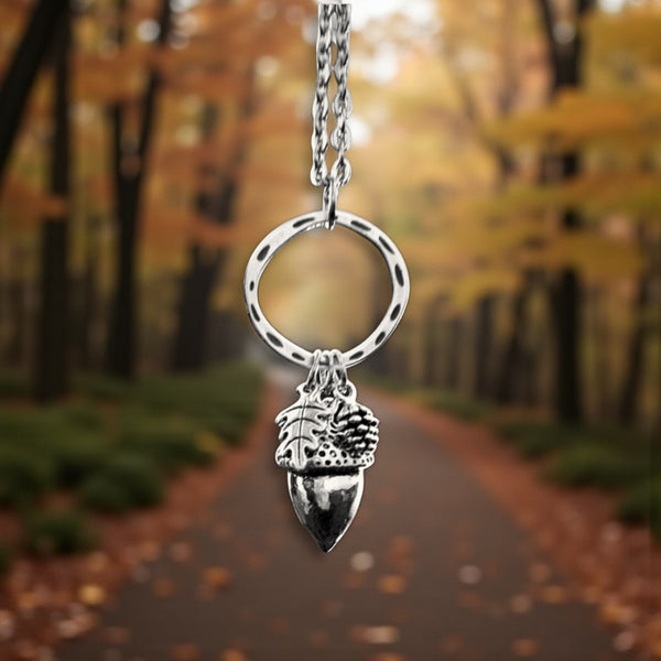 Large Acorn Forest Pendant Necklace – Stainless Steel Long Chain
