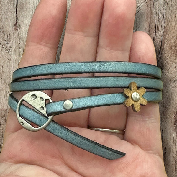 Leather Wrap Bracelets - Boho Style, Unisex Fit, Floral Detail, One Size Adjustable