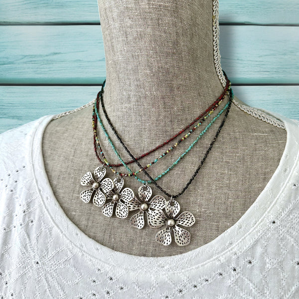 Minimalist Seed Bead Necklace with Silver Matte Flower Charm - Interchangeable