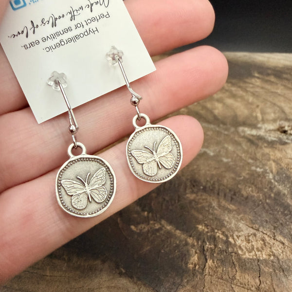 Vintage Butterfly Earrings - Matte Antique Silver Plated
