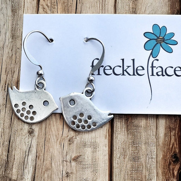 Minimalist chickadee bird drop silver earrings