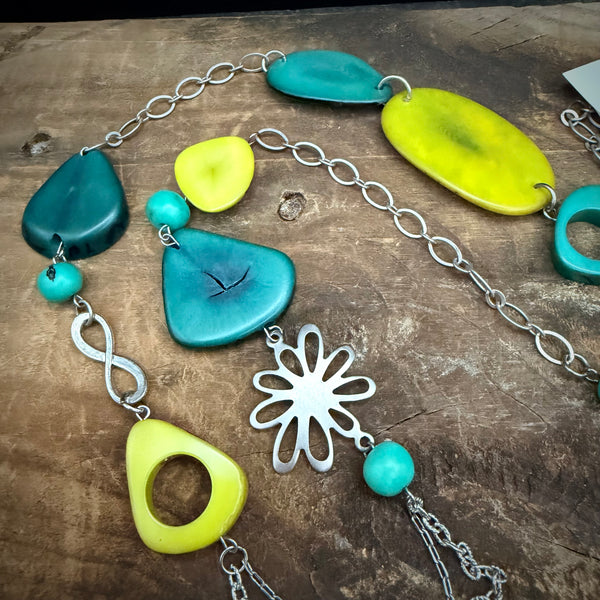 Turquoise & Lime Tagua Statement Necklace – Long 36”