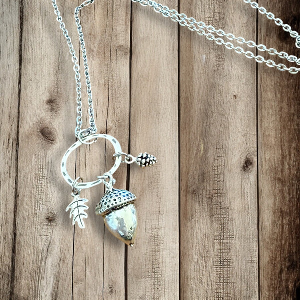 Large Acorn Forest Pendant Necklace – Stainless Steel Long Chain