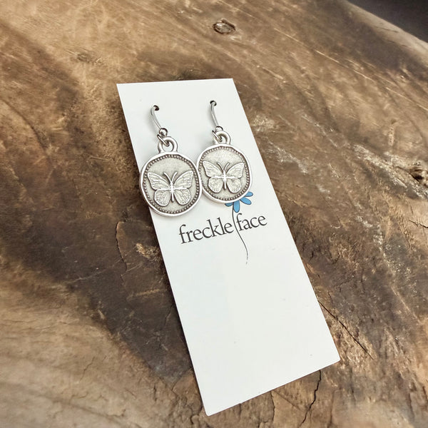 Vintage Butterfly Earrings - Matte Antique Silver Plated