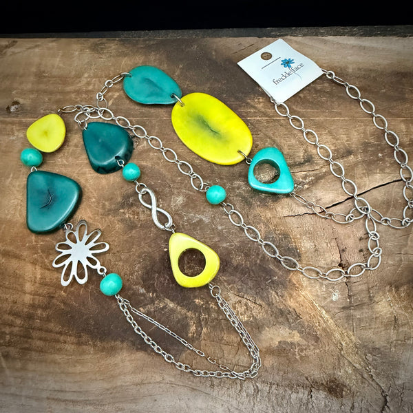 Turquoise & Lime Tagua Statement Necklace – Long 36”