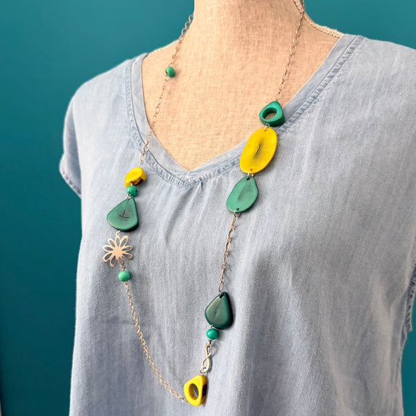 Turquoise & Lime Tagua Statement Necklace – Long 36”