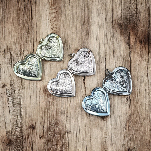 Heart Locket Charm – Floral Etched, Vintage Look, Photo Keepsake
