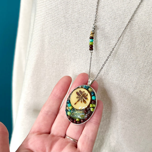 OOAK Mosaic Necklace - Oval - Dragonfly - M3905