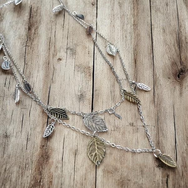Waterfall Leaf Necklace styled flat and doubled up with flowing leaves along the entire chain