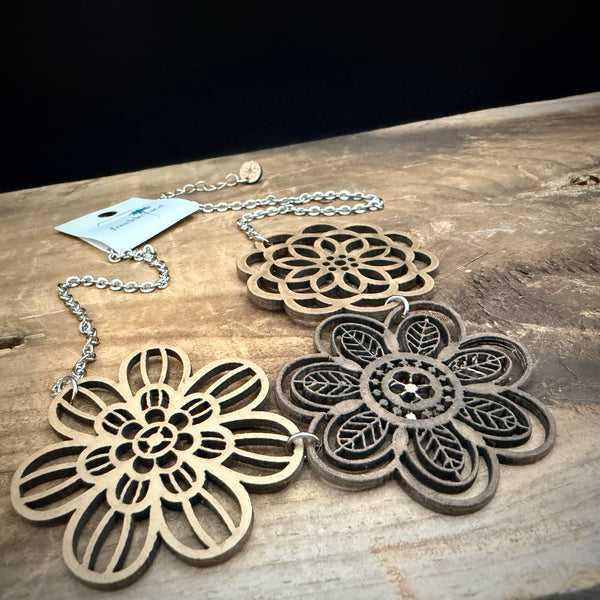 Wood Floral Statement Necklace – Layered Cutout Flower Bib Necklace (18” + 2” Extender)