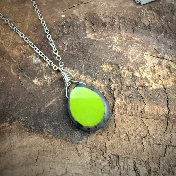 Chartreuse Glow Necklace – Handmade Ceramic Drop on Stainless Steel Chain