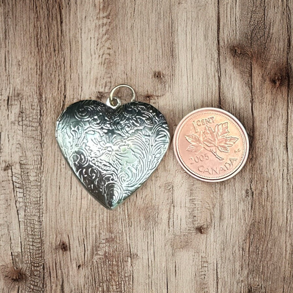 Heart Locket Charm – Floral Etched, Vintage Look, Photo Keepsake