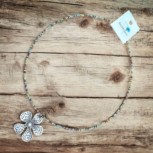 Minimalist Seed Bead Necklace with Silver Matte Flower Charm - Interchangeable