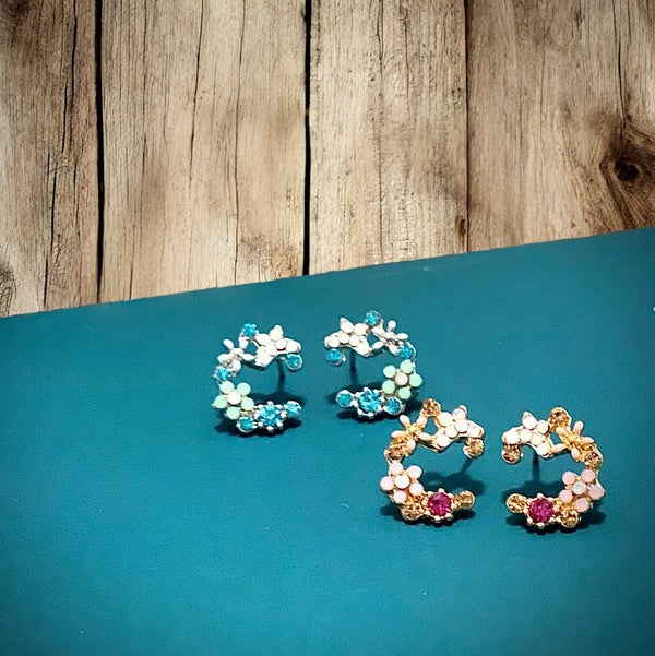 Modern floral stud earrings with a vintage vibe in blue and rhodium or pink and gold