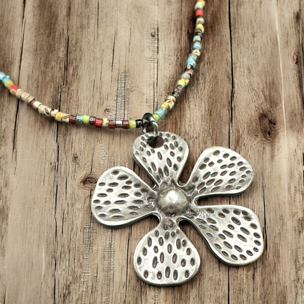 Minimalist Seed Bead Necklace with Silver Matte Flower Charm - Interchangeable
