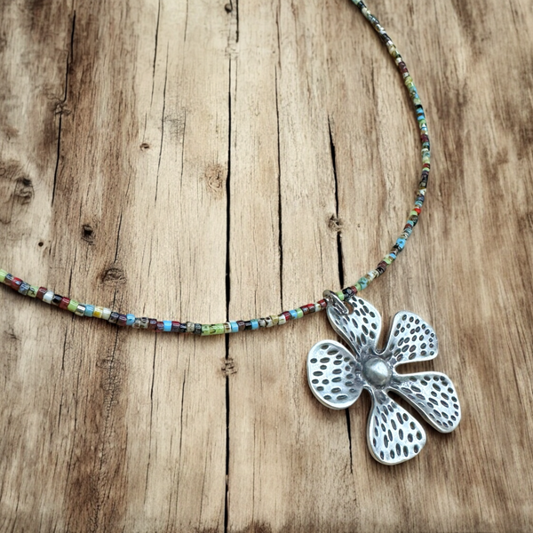 Minimalist Seed Bead Necklace with Silver Matte Flower Charm - Interchangeable