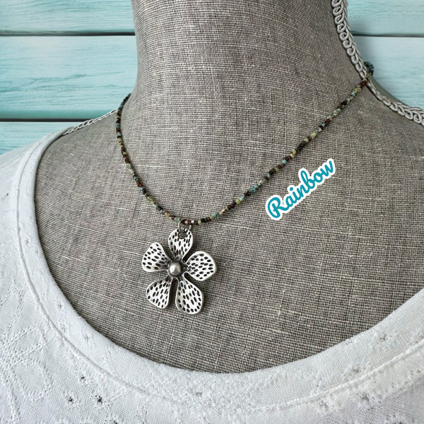 Minimalist Seed Bead Necklace with Silver Matte Flower Charm - Interchangeable