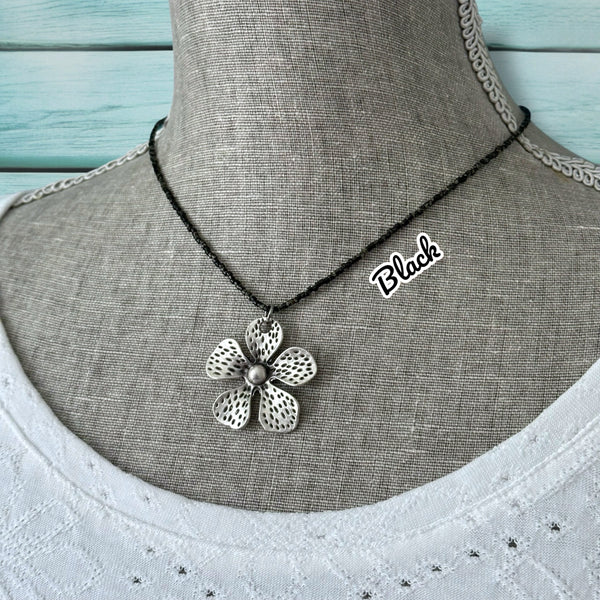 Minimalist Seed Bead Necklace with Silver Matte Flower Charm - Interchangeable